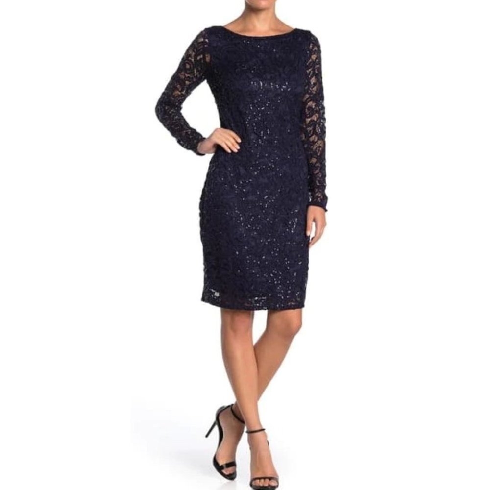 MARINA Navy  blue Longsleeve Sequin Sheath Cocktail Dress Low Back Size ~ S